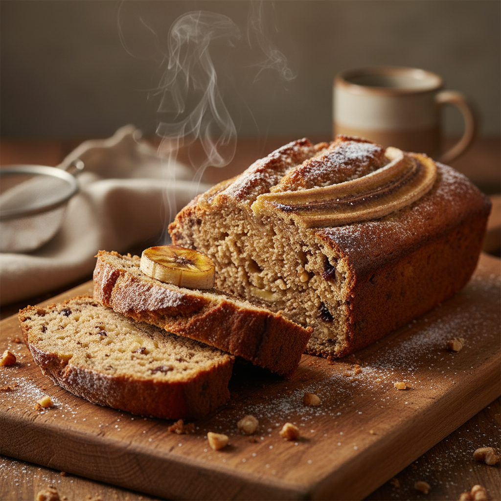 A golden-brown loaf of sliced banana bread on a wooden cutting board, with two slices revealing its moist, tender interior.
