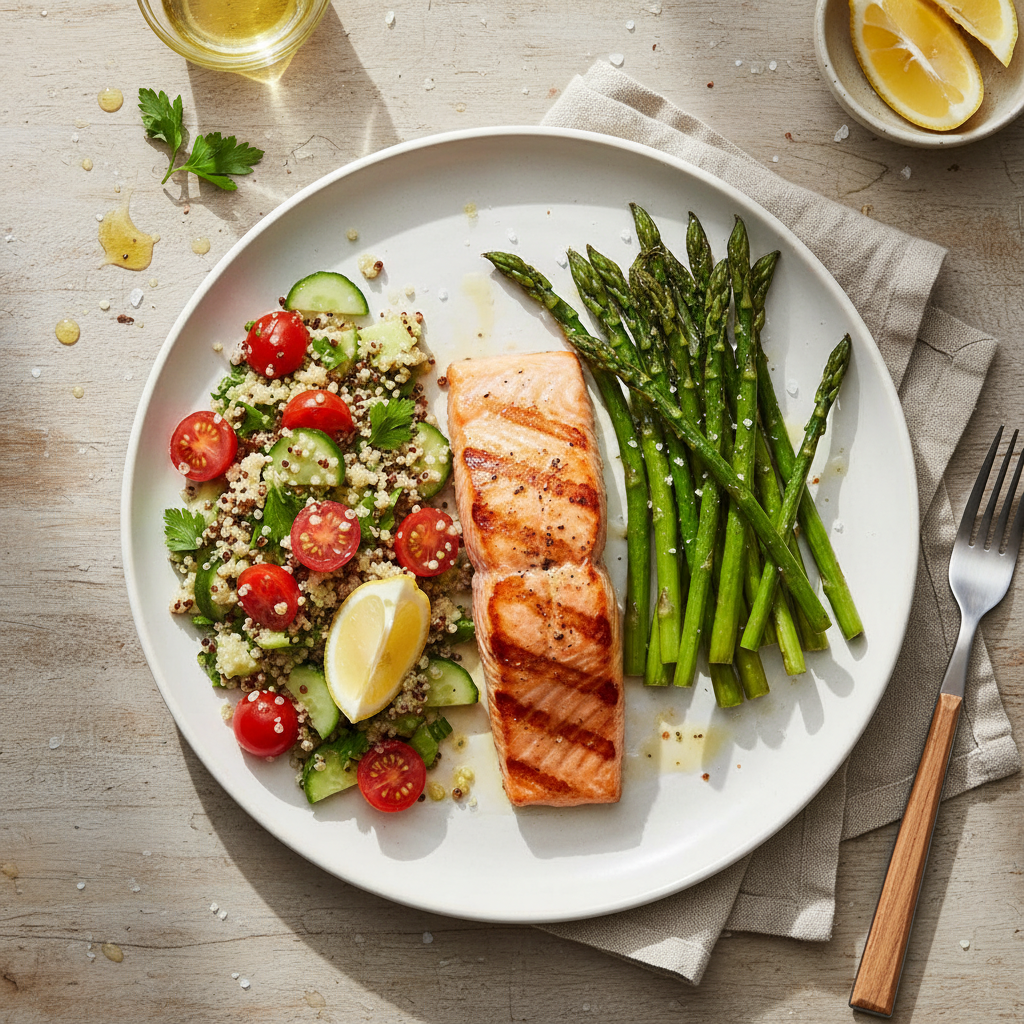 A healthy grilled salmon fillet served with vibrant roasted asparagus and a fresh quinoa salad.