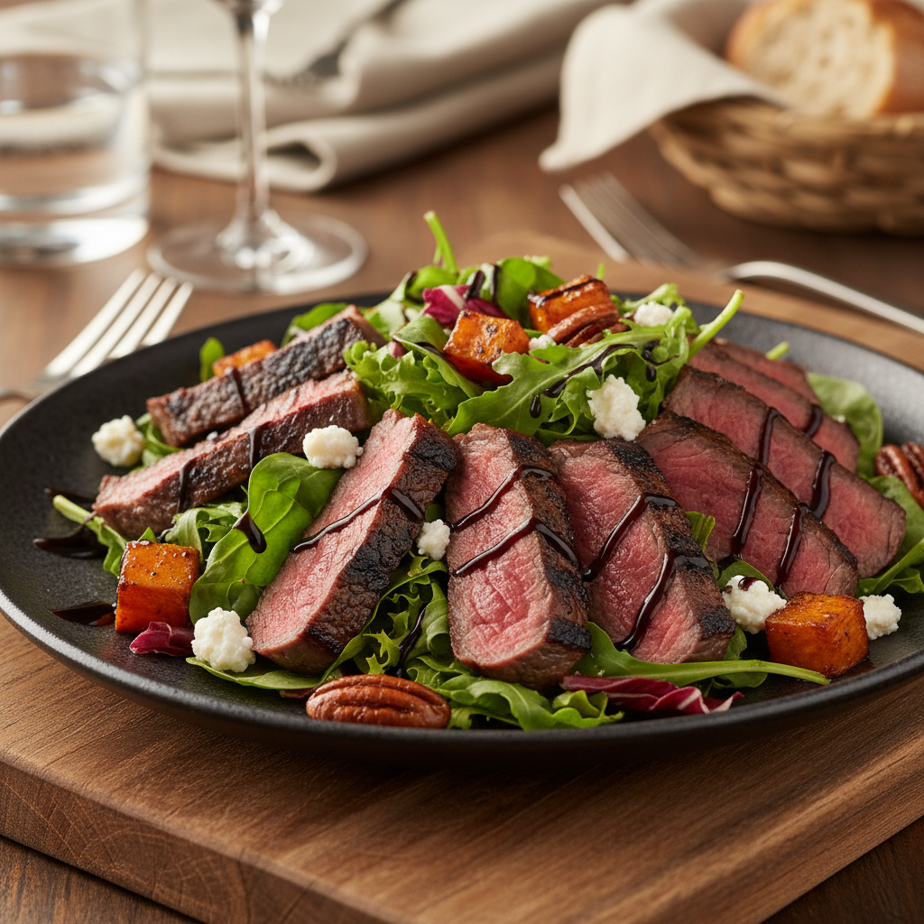 A hearty grilled steak salad with sweet potatoes, goat cheese, and pecans, presented as a satisfying dinner.