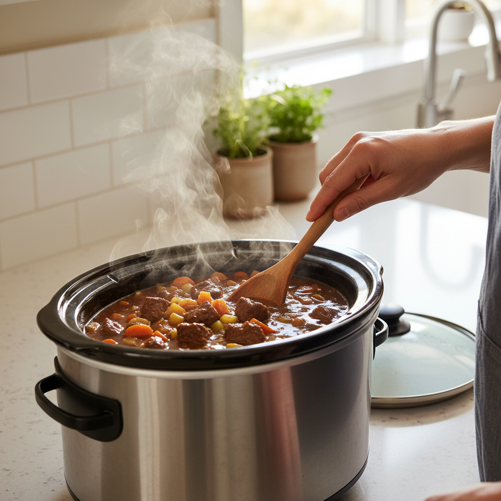 A home cook's hand stirs simmering beef stew in a stainless steel slow cooker on a kitchen counter, with steam gently rising from the pot.