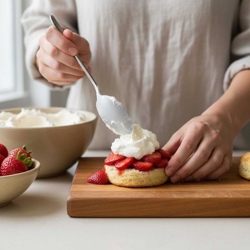 A home cook's hands assembling strawberry shortcake, spooning whipped cream onto a biscuit already topped with fresh strawberries in a warm kitchen.