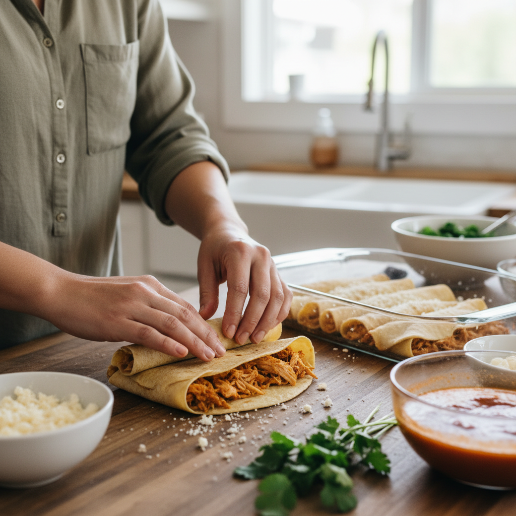 A home cook's hands gently rolling a corn tortilla filled with chicken and cheese.