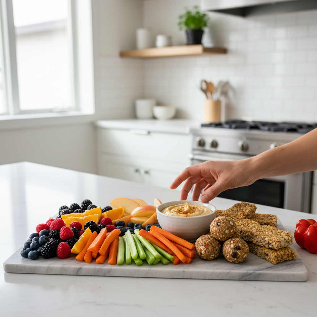 A home cook's hands reaching for a variety of healthy and delicious snacks, including fresh fruit, vegetable sticks with hummus, and homemade energy bites, arranged on a cutting board in a brightly lit kitchen.