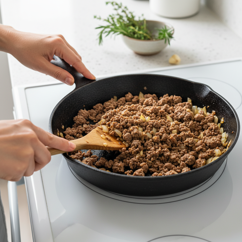 A home cook's hands stirring perfectly browned ground beef with onions and garlic in a cast-iron skillet.