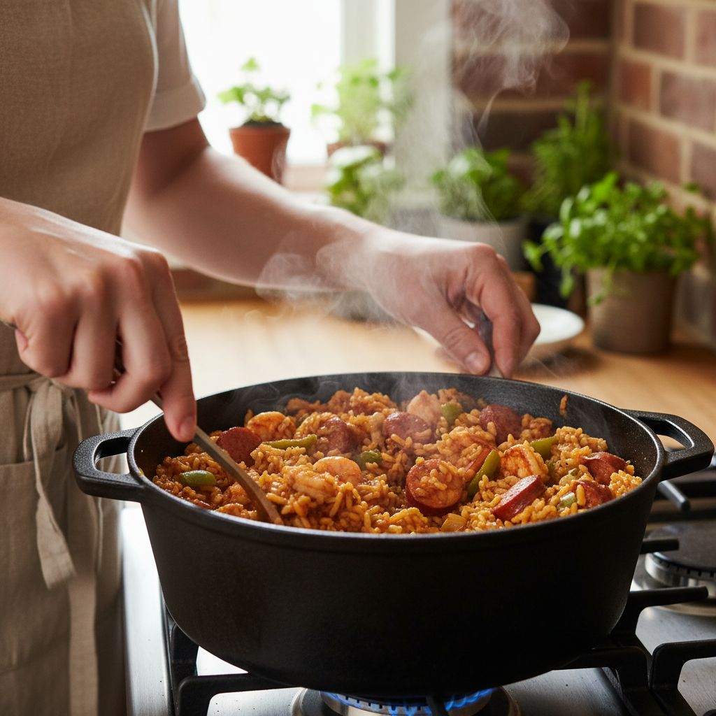 A home cook stirring a bubbling pot of jambalaya with a wooden spoon on the stovetop.