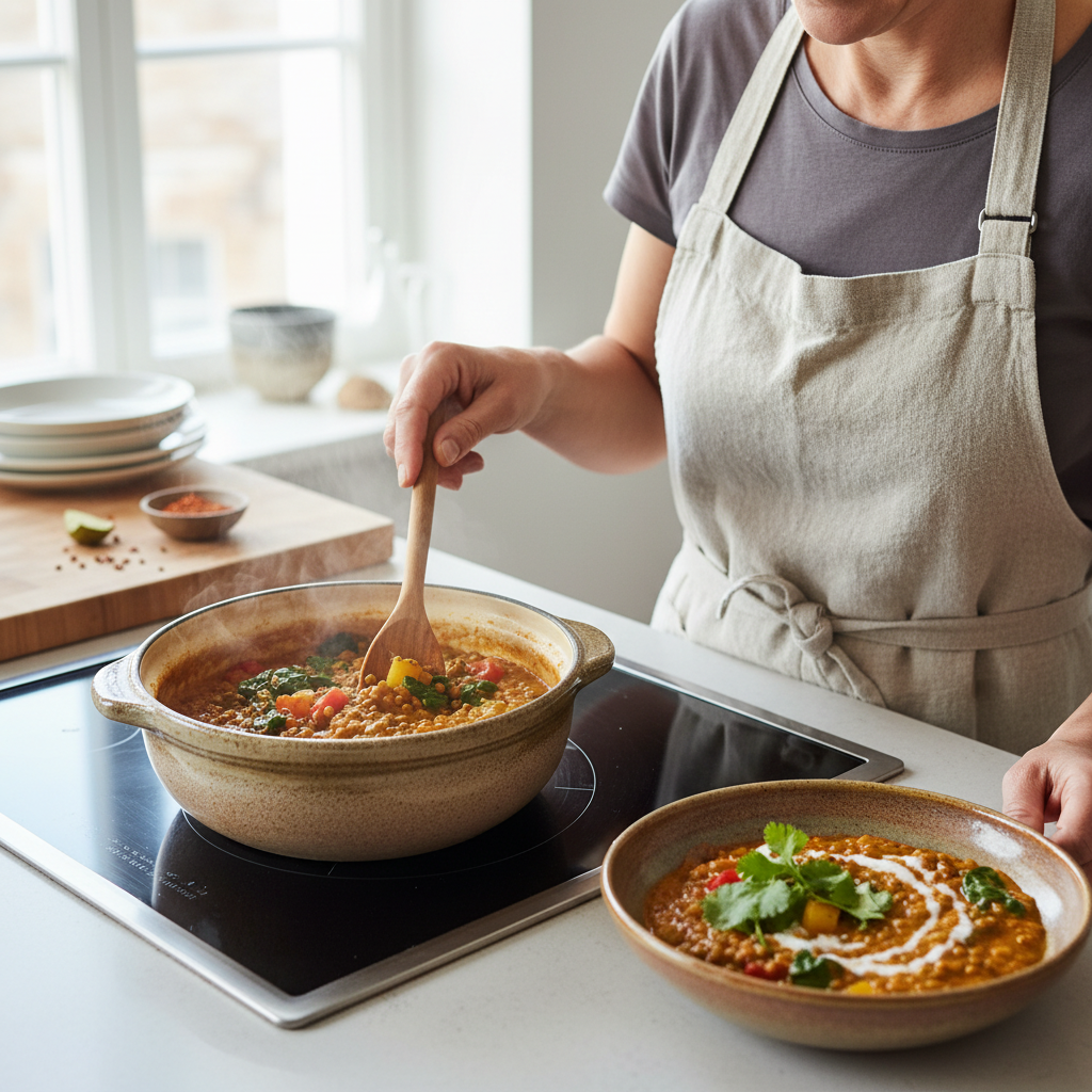 A home cook stirring a rich vegan lentil curry, with a freshly plated serving garnished with cilantro nearby.