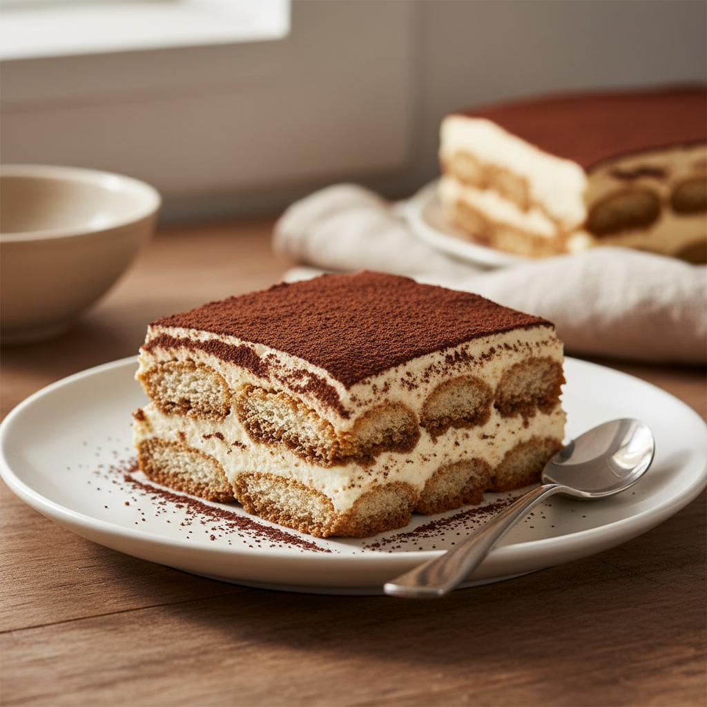 A perfect slice of classic tiramisu on a white plate, showing layers of cream and coffee-soaked ladyfingers, dusted with cocoa.