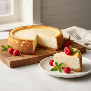 A perfect slice of creamy cheesecake on a white plate, garnished with fresh raspberries and mint, set next to the whole cheesecake.