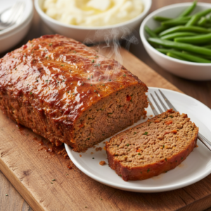 A perfectly baked and sliced classic meatloaf with a golden-brown glaze, revealing a juicy interior, served with mashed potatoes and green beans on a rustic wooden board.