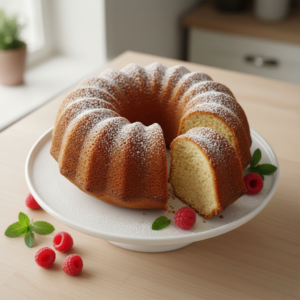 A perfectly baked, golden-brown bundt cake dusted with powdered sugar, with a slice revealing its moist interior, on a white cake stand.