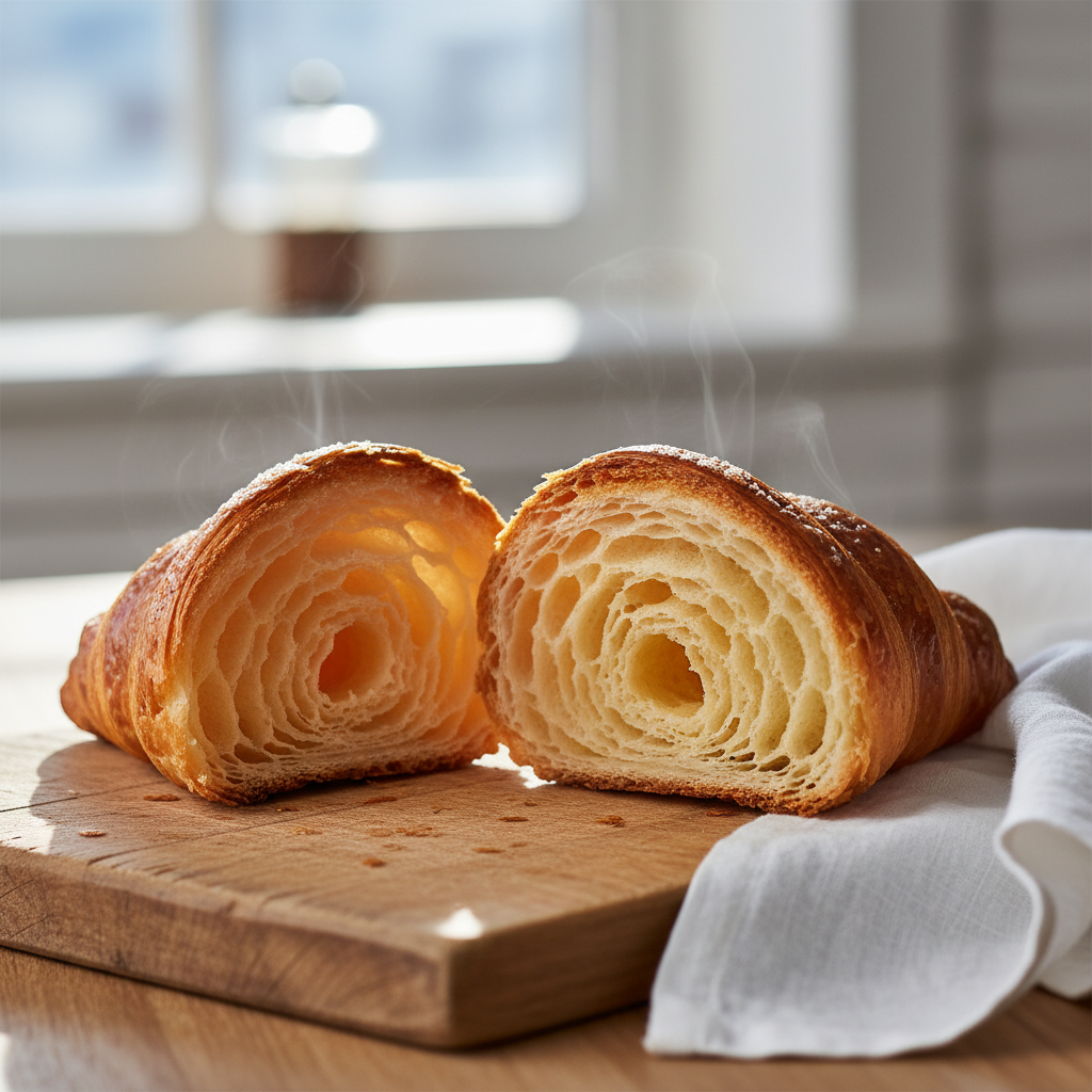 A perfectly baked, golden-brown croissant, split open to show its airy, layered interior.