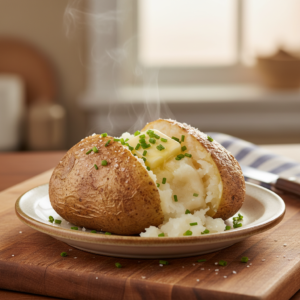 A perfectly baked russet potato, split open to reveal its steaming, fluffy interior with melting butter and a sprinkle of fresh chives on a rustic plate.