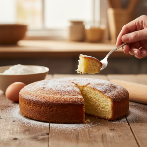 A perfectly baked, simple vanilla cake with a slice removed, showing its moist texture, presented on a rustic wooden table in a warm kitchen setting.