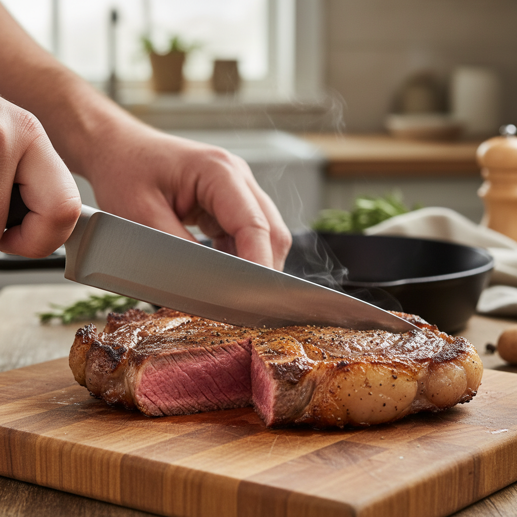 A perfectly cooked rib eye steak, sliced to reveal a medium-rare interior, resting on a cutting board, with steam gently rising.