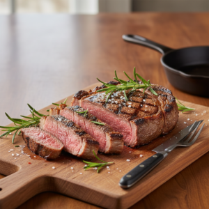 A perfectly cooked, sliced rib eye steak with a golden crust, garnished with fresh rosemary and sea salt, presented on a wooden cutting board.