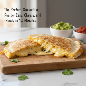 A perfectly golden-brown quesadilla, sliced in half, revealing gooey melted cheese, served on a rustic board with fresh cilantro.