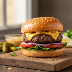 A perfectly grilled and assembled gourmet hamburger with melted cheddar, fresh vegetables, and a toasted brioche bun on a rustic wooden board.