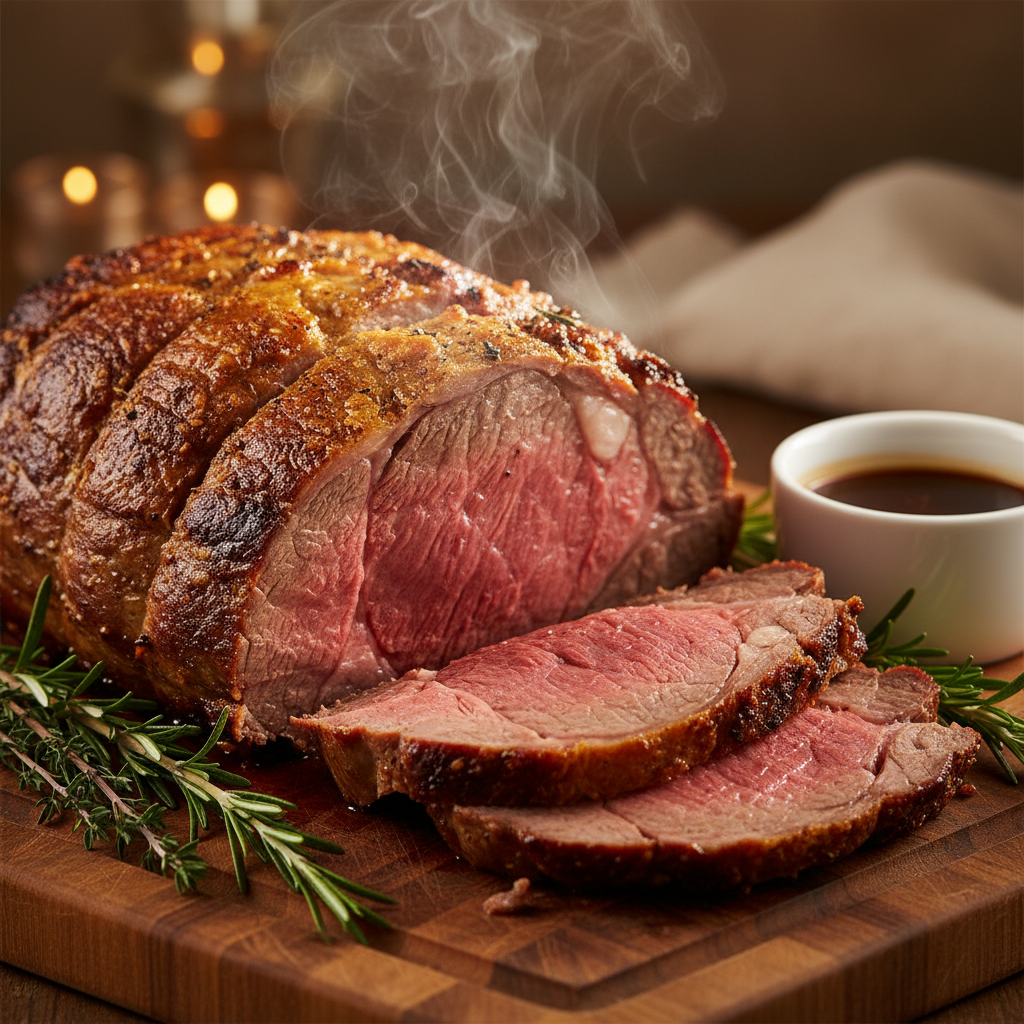 A perfectly roasted and sliced prime rib, showcasing a golden crust and juicy pink interior, garnished with fresh herbs on a wooden board.