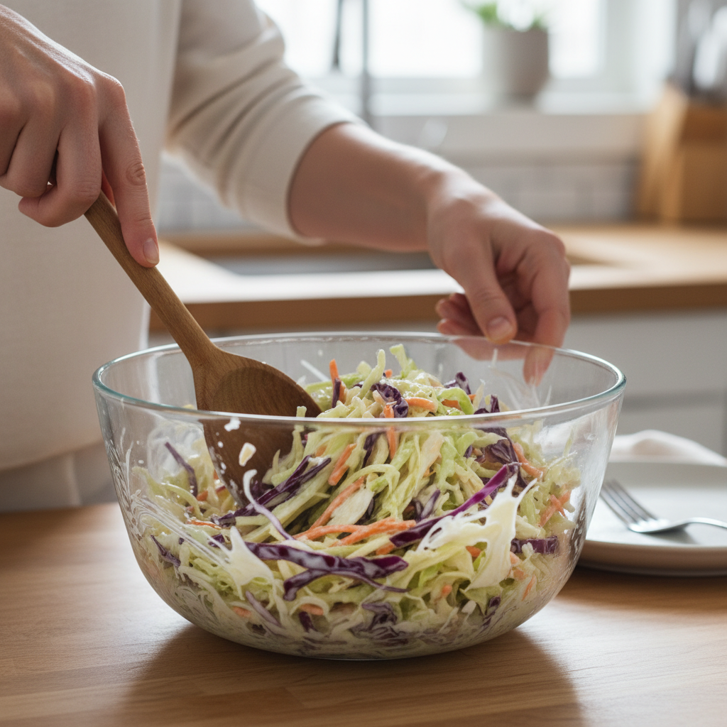 A person's hands gently mixing shredded cabbage and carrots with a creamy dressing in a large glass bowl using a wooden spoon.