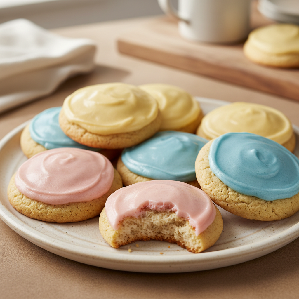 A plate of freshly baked copycat crumble cookies with pastel-colored frosting, one with a bite taken out.