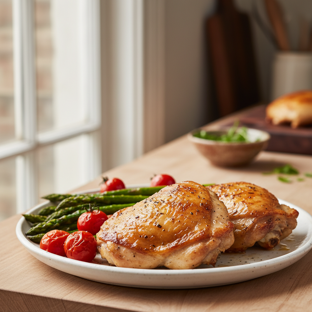 A plate of golden-brown, crispy-skinned oven-baked chicken thighs served with roasted asparagus and cherry tomatoes.