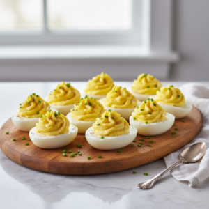 A platter of classic deviled eggs, garnished with paprika and fresh chives, presented beautifully on a rustic serving dish.