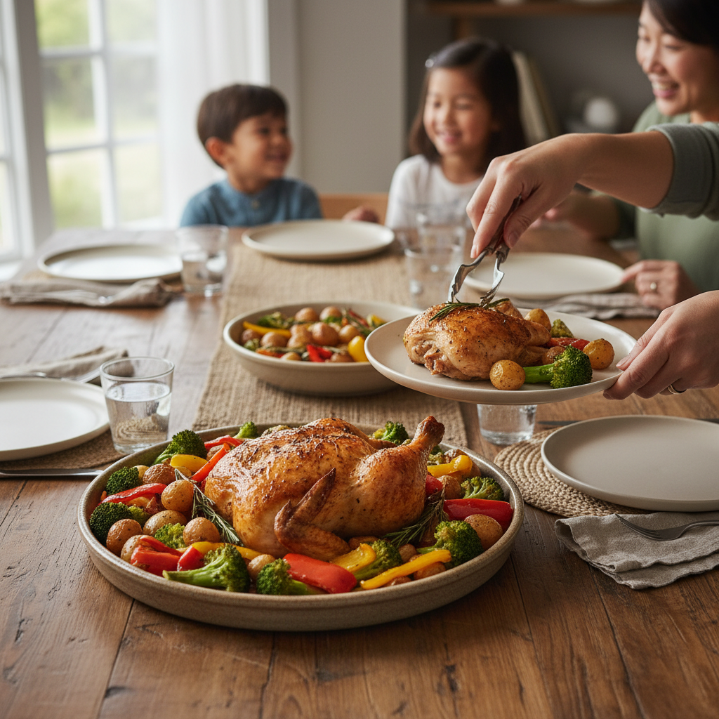 A platter of golden-brown sheet pan chicken and roasted vegetables being served on a cozy family dining table.