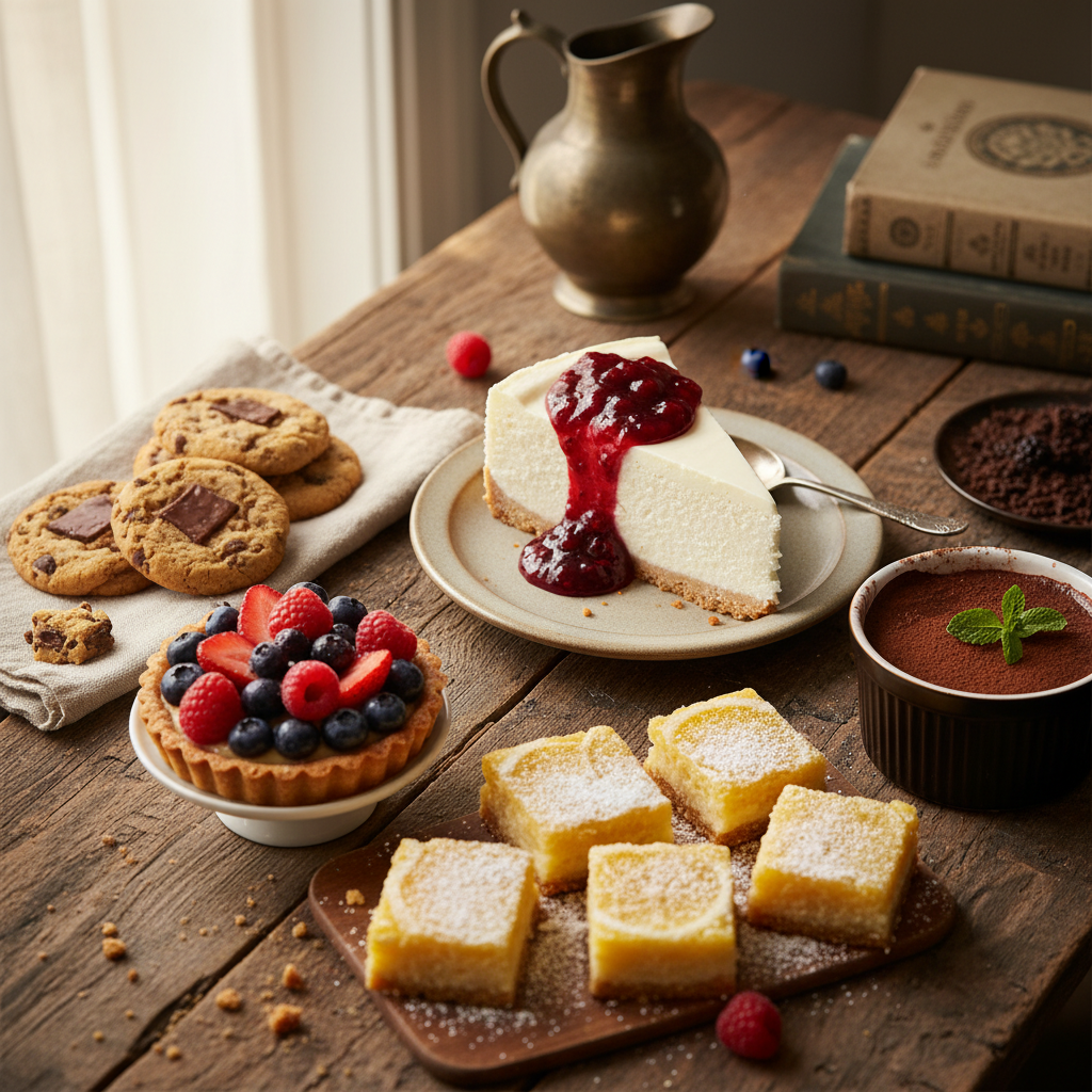A professional food photography shot featuring a variety of easy, homemade desserts like cheesecake, cookies, fruit tart, and chocolate mousse on a rustic table.