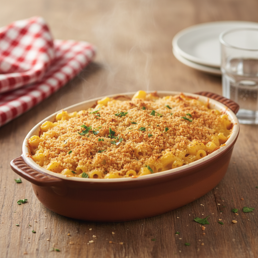A rustic baking dish filled with golden-brown, bubbling macaroni and cheese with a crispy topping, on a wooden dining table.
