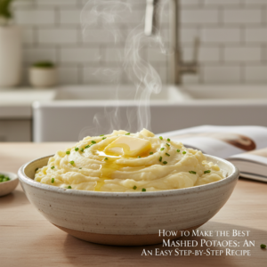 A serving bowl of steaming, creamy mashed potatoes topped with melting butter and fresh chives, ready to be enjoyed.