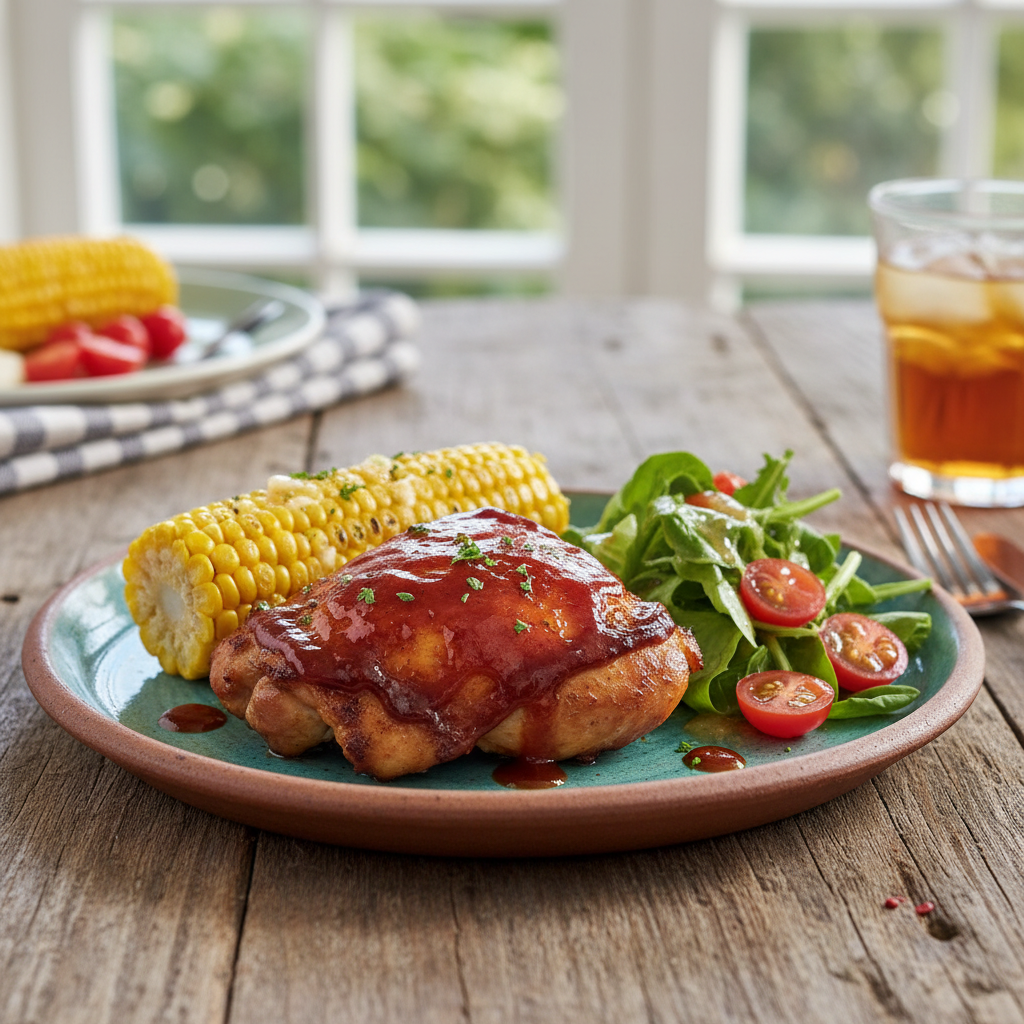A serving of perfectly glazed BBQ chicken on a rustic plate, accompanied by a fresh green salad and grilled corn.