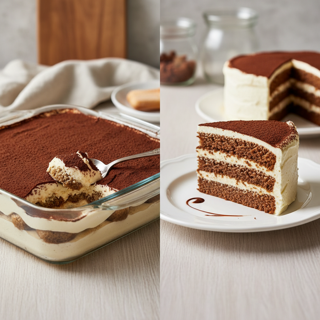 A side-by-side comparison of a classic tiramisu in a glass dish and a slice of tiramisu cake on a white plate, showcasing their distinct layers and textures.