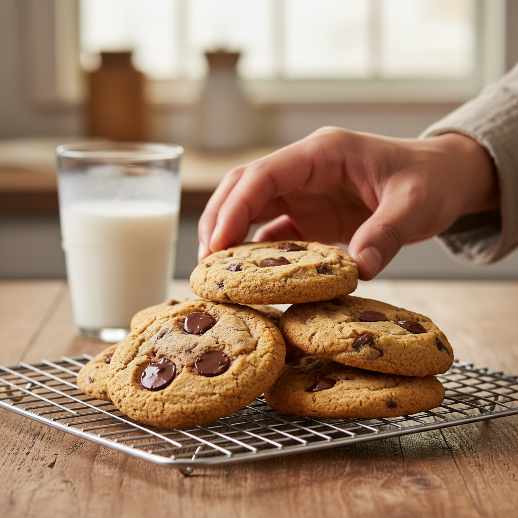 A stack of five warm, golden-brown chocolate chip cookies on a wire cooling rack, with a hand reaching for one.