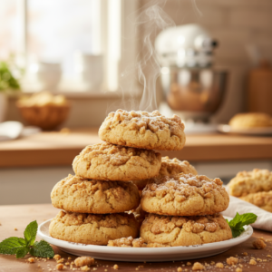 A stack of freshly baked, warm copycat crumble cookies with a generous buttery crumb topping, presented on a cooling rack in a home kitchen setting.