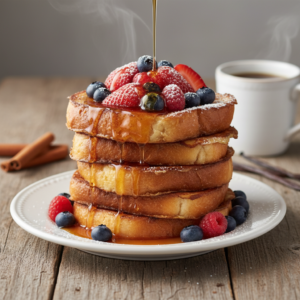 A stack of golden-brown, fluffy French toast topped with fresh mixed berries, maple syrup, and powdered sugar on a rustic wooden table.