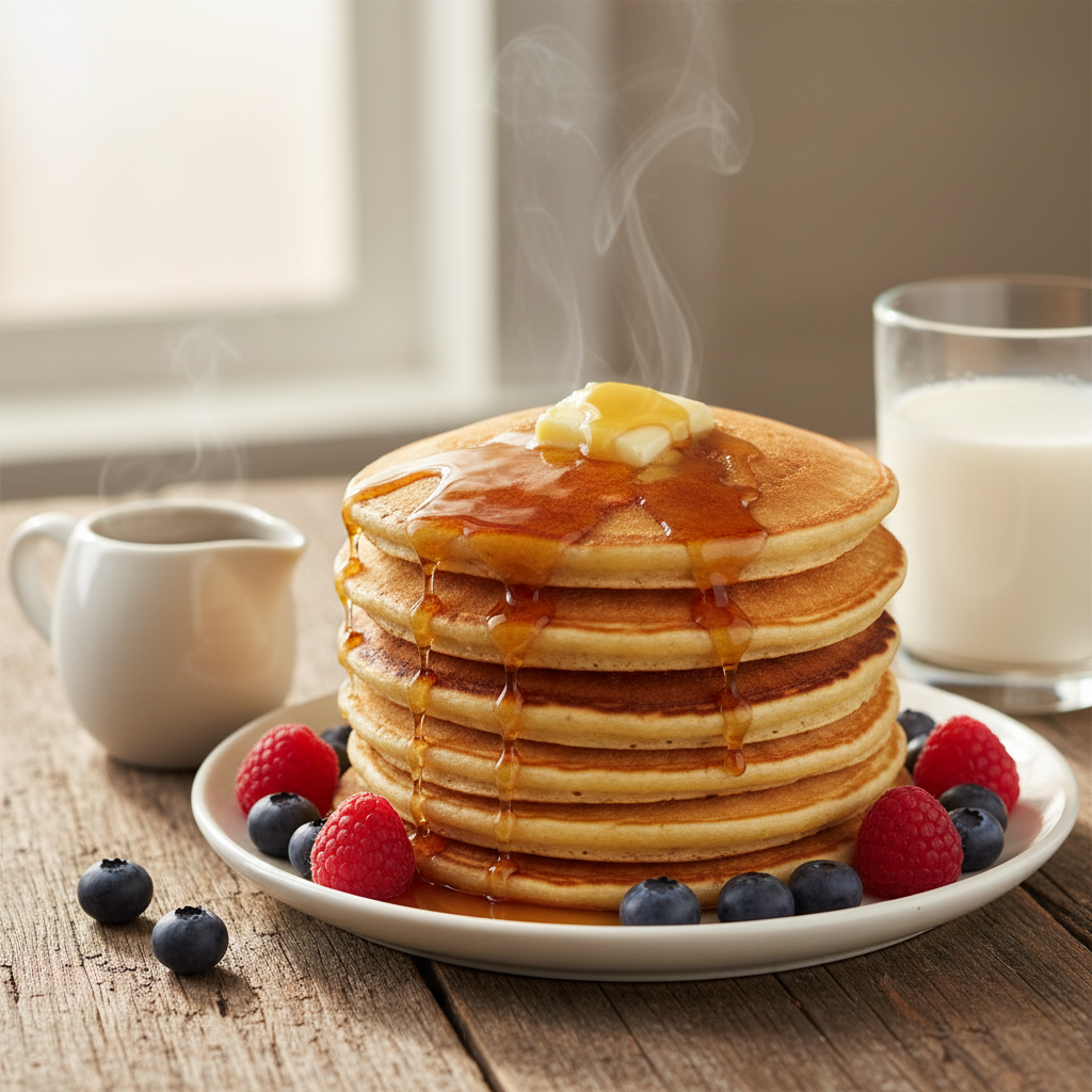 A stack of golden-brown, fluffy pancakes with melting butter, dripping maple syrup, and fresh berries on a wooden table.