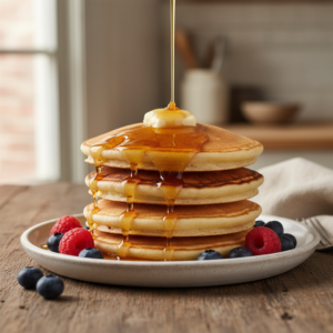 A stack of golden, fluffy pancakes drizzled with maple syrup, topped with melting butter and fresh berries on a white plate.