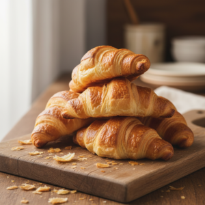 A stack of three perfectly golden, flaky homemade croissants on a rustic wooden board, ready to be enjoyed for breakfast.