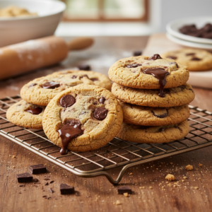 A stack of warm, golden-brown chocolate chip cookies with melted chocolate chips, resting on a rustic wooden cooling rack.