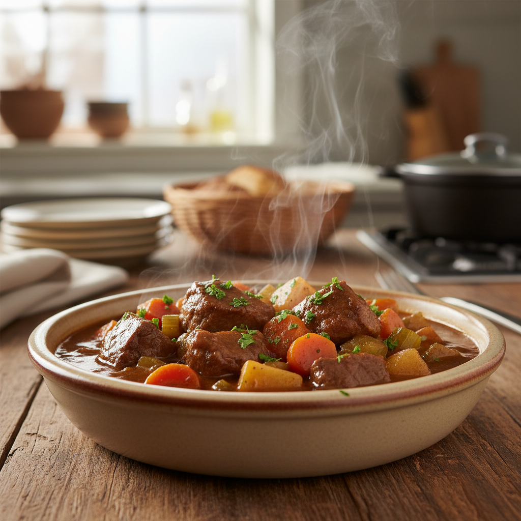 A steaming bowl of classic beef stew, brimming with tender beef, carrots, and potatoes, garnished with fresh parsley, served on a rustic wooden table.