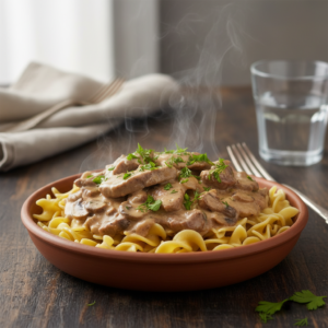 A steaming bowl of classic beef stroganoff with tender beef, creamy mushroom sauce, and egg noodles, garnished with fresh herbs.