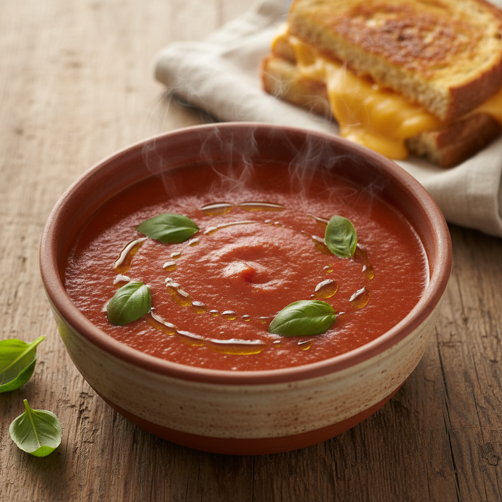 A steaming bowl of creamy tomato soup with basil and olive oil, next to a grilled cheese sandwich.