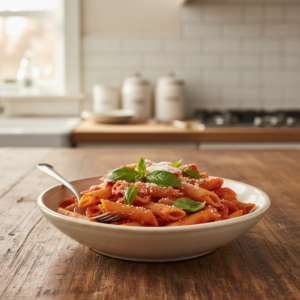 A steaming bowl of penne pasta with red marinara sauce, fresh basil, and grated Parmesan cheese on a rustic wooden table, ready to be eaten.