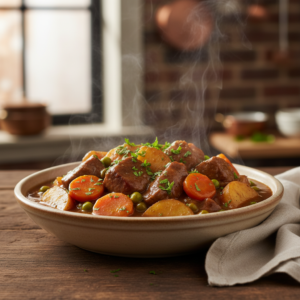 A steaming, hearty bowl of beef stew with tender beef, carrots, and potatoes, garnished with fresh parsley.