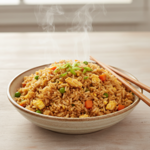 A steaming plate of homemade fried rice, featuring golden rice, green peas, carrots, scrambled egg, and fresh green onions, presented invitingly on a wooden surface.