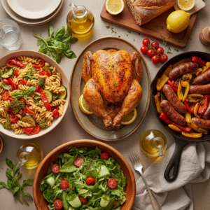 A tempting array of various easy dinner and main course dishes, including roasted chicken, pasta primavera, and sausage with peppers, artfully arranged on a kitchen counter, conveying a sense of homemade comfort and simplicity.