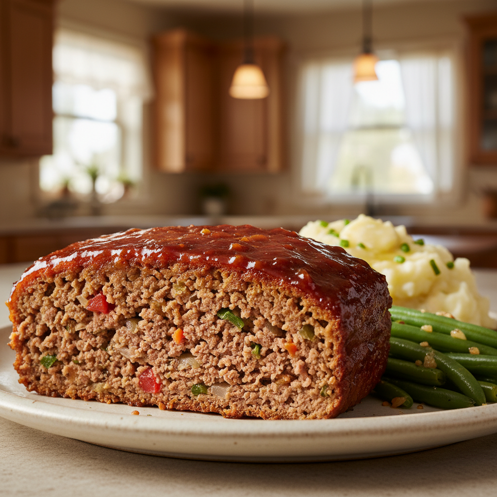 A thick slice of glazed meatloaf on a plate, revealing its juicy interior, served with mashed potatoes and green beans.