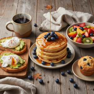 A top-down view of a delicious breakfast and brunch spread featuring pancakes, avocado toast with poached eggs, fresh fruit, a muffin, and a cup of coffee on a wooden table.