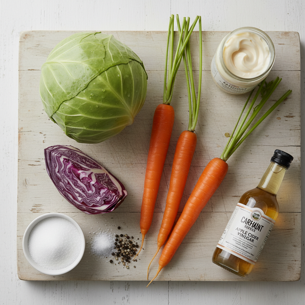 A top-down view of fresh ingredients for creamy coleslaw, including whole green and purple cabbage, carrots, mayonnaise, apple cider vinegar, sugar, salt, and pepper.