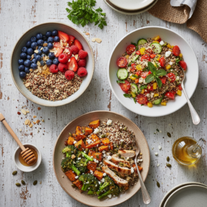 A vibrant and appealing flat lay featuring three distinct and easy quinoa recipes for breakfast, lunch, and dinner, showcasing its versatility for home cooks.